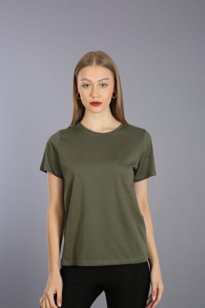 Kallisto تي شيرت محبوك من القطن الكاكي بياقة دائرية وأكمام قصيرة