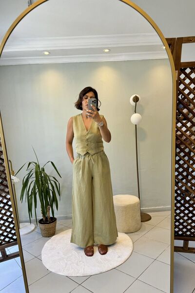 Bucle By Gizem %100 Ham Keten Bağcıklı Duble Paça Pantolon Yeşil