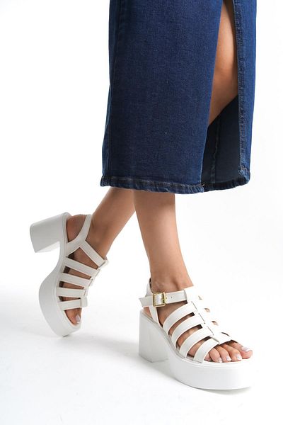 Modabuymus Zercok White - Pantofi casual cu toc cu platformă înaltă cu mai multe bretele
