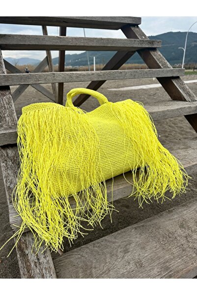 AYDINDOKUMA Saçaklı Hasır İp Plaj Çantası Püsküllü El kol çantası Rafya Büyük...