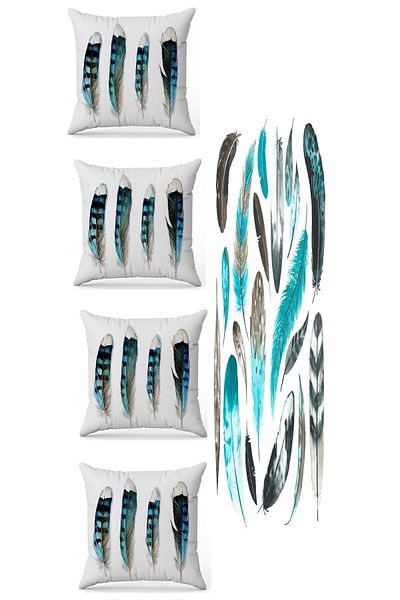 fdm desıgn White Background Feather Patterned 5 Piece Double Sided Printed Special Design Decorative Throw Pillow Cover Runner Set