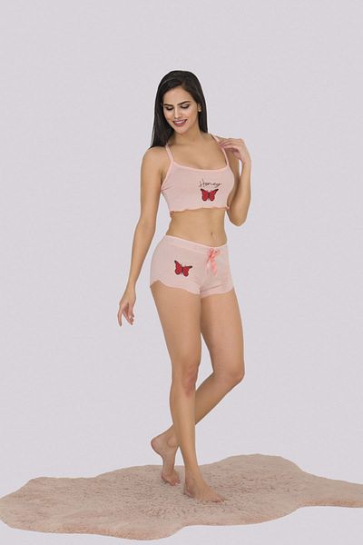 MyBen Pink Colored Strap Butterfly Printed Women's Pajama Set with Shorts 379