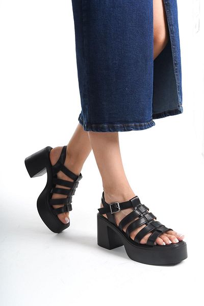 Modabuymus Sandale înalte negre Zercok - Pantofi casual cu toc cu platformă cu mai multe bretele