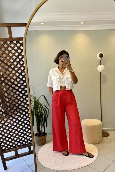 Bucle By Gizem %100 Ham Keten Bağcıklı Duble Paça Pantolon Kırmızı