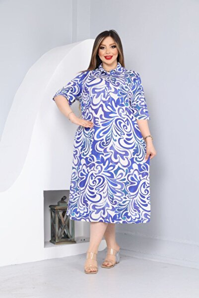 Mezure Blue Lycra Viscose Dress with Patterned Collar