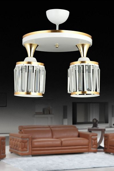 Kraliçe White Crystal Stone 2-Plafone Yellow Stripe Cylinder Luxury Chandelier