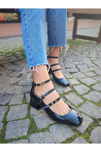 EPTC Pantofi negri cu 3 dungi cu spatele închis Mary Jane cu toc pătrat cu vâ...