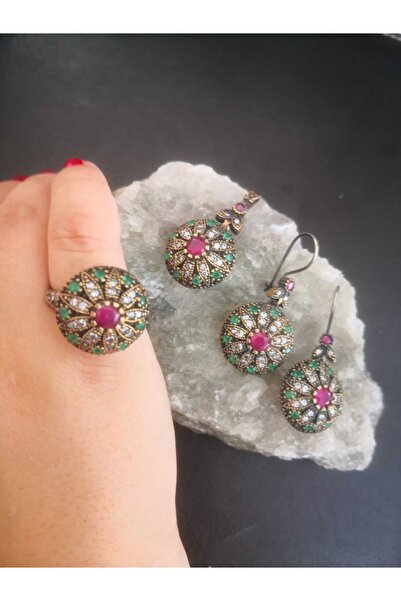 Aysesa Otantik Yakut Zümrüt Ve Zirkon Taşlı Kadın Gümüş Set 925 Ayar 32,41 gram