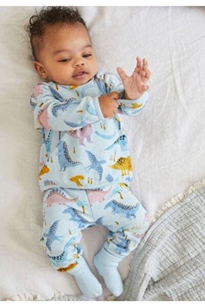 Next Mavi Dinozor Desenli 2 Parça Bebek Jogger Takımı