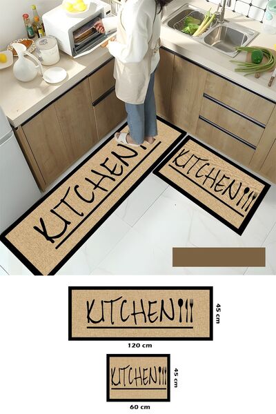 Getcarpet Ikili Tezgah Önü Mat Yıkanabilir Mutfak Paspas Takımı Pedi