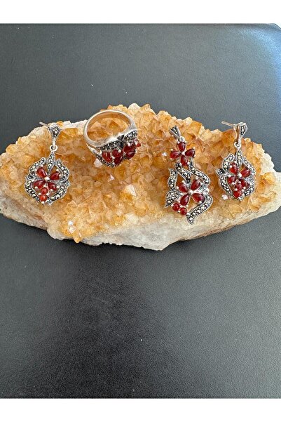 Aysesa Markazit Üzeri Lav Taşlı Yaprak Model Kadın Gümüş Set (2 Küpe Kolye Yü...