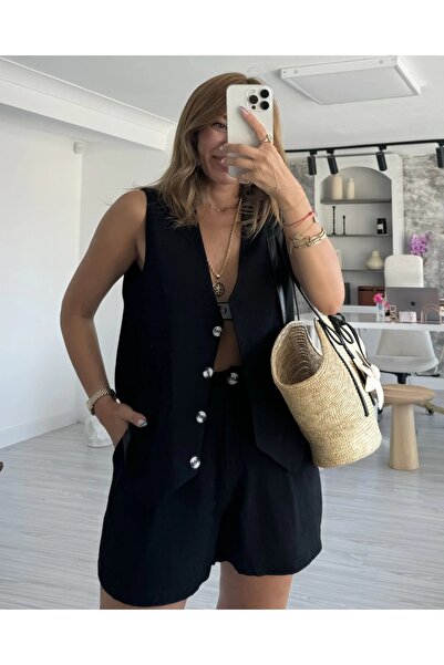 bymaestro woman Set vestă și pantaloni scurți pentru femei din in - decolteu ...