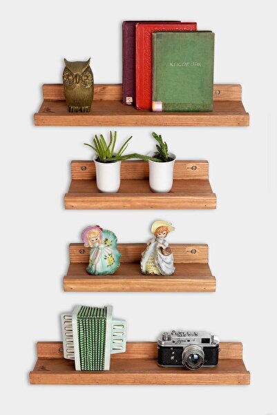 evbiziz Açık Ceviz Doğal Ahşap Çam 4'lü Dekoratif Uçan Raf