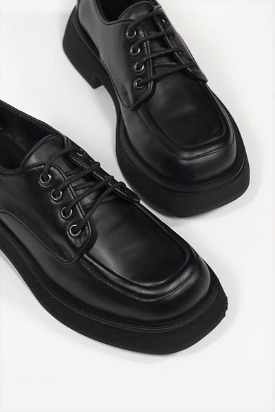 TUNAELLİ PANTOFI OXFORD CU ȘANȚURI, NEGRE, PIELE NATURALĂ, PENTRU FEMEI