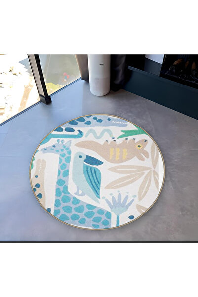 Rugs Modern Halı سجادة ميرا مستديرة باللون الأزرق والبيج مع تفاصيل طائر الزرا...