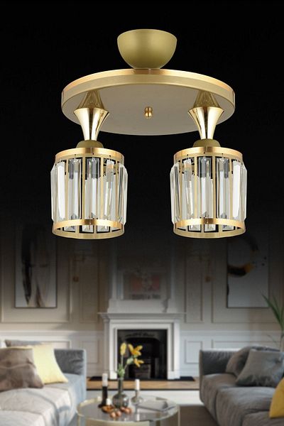 Kraliçe Antique Crystal Stone 2-Plafone Yellow Striped Cylinder Luxury Chandelier