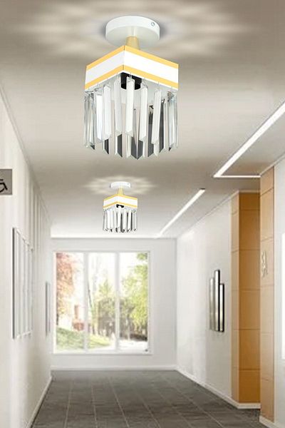 Kraliçe Luxury Chandelier - Square Plafonier with White Crystal Stones and Yellow Stripe