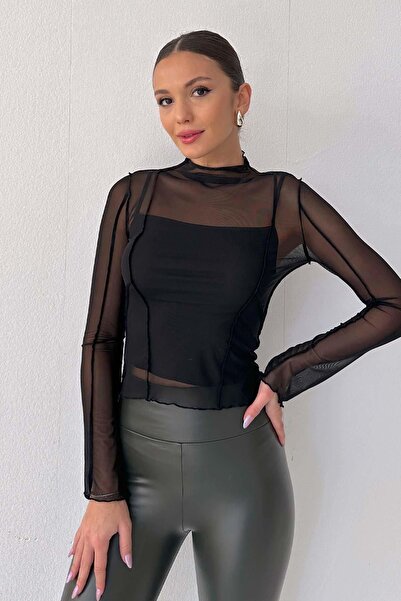Mine Tan Butik بلوزة نسائية بتفاصيل من التول - أسود