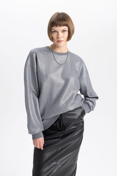 DeFacto Relaxed Cut Crew Neck Metallic Sweatshirt - B5154ax23wn