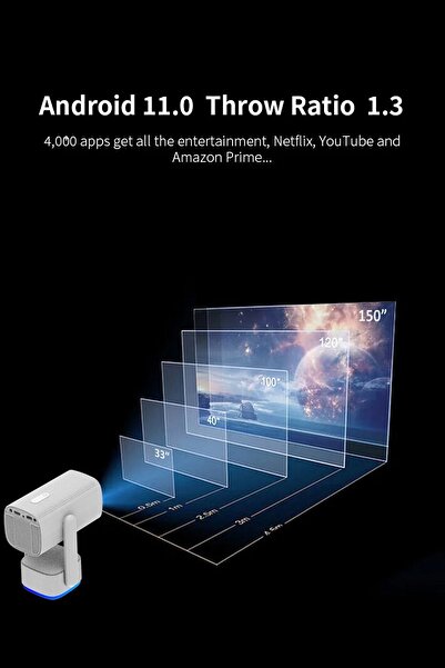 TECHNOMEN 1080*720p Android 11.0 Taşınabilir Kendinden Şarjlı Bluetooth Hoparlör Otomatik Odaklama Projeksiyon