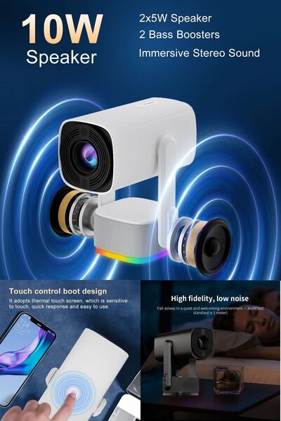 TECHNOMEN 1080*720p Android 11.0 Taşınabilir Kendinden Şarjlı Bluetooth Hoparlör Otomatik Odaklama Projeksiyon