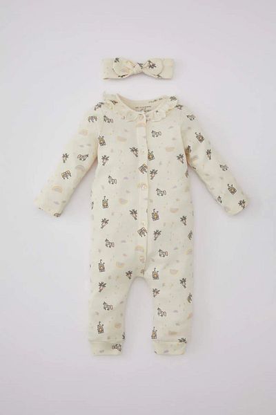 DeFacto NewBorn Patterned BaBy Girl Jumpsuit and HeadBand Set of 2 - Long Sleeve B9657a5er233mc