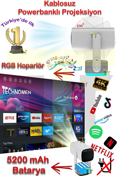 TECHNOMEN 1080*720p Android 11.0 Taşınabilir Kendinden Şarjlı Bluetooth Hoparlör Otomatik Odaklama Projeksiyon