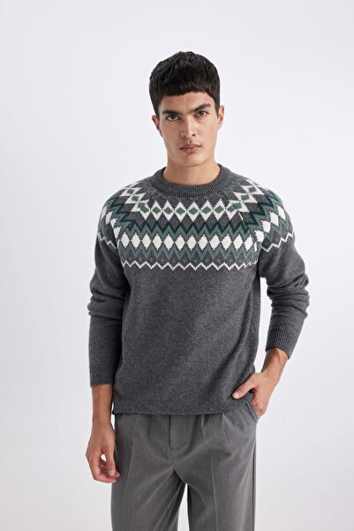 DeFacto Standard Fit Regular Cut Patterned Crew Neck Knitwear Sweater B8883Ax23Wn