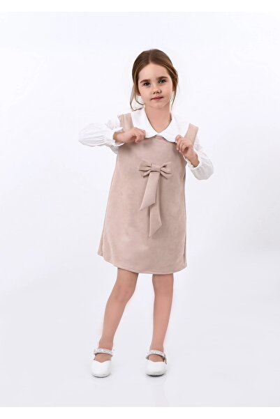 Kamex Beige Suede Bow Shirt Collar T-Shirt