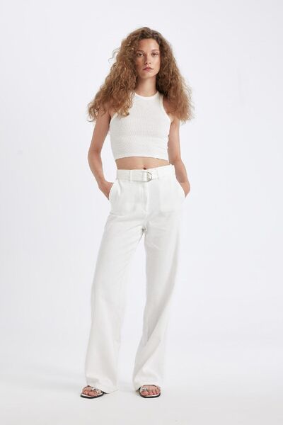 DeFacto Modal White Pants Wide Leg Double Pockets High Waist Basic Straight Standard Length with Belt D4467Ax24Au