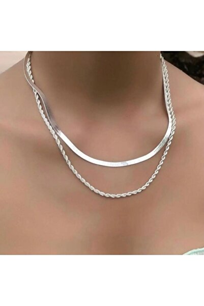 şira sirius Kadın Gümüş Renk Çelik İtalyan Ezme Zincir kolye ve Çelik Burgu Kolye Set