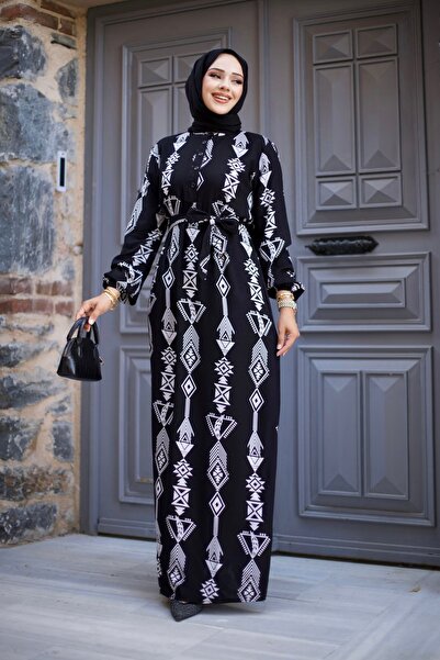 HİRA LİFE FASHİON Geometric Patterned Hijab Viscose Dress - Buttoned and Belted
