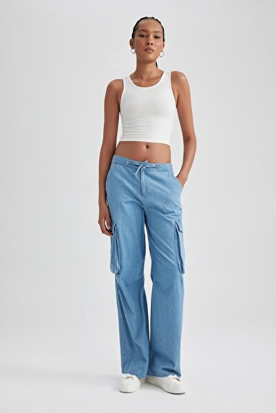 DeFacto Straight Fit Straight Leg Cargo Pockets Regular Waist Long Jeans Washed Pants B1895Ax23Hs