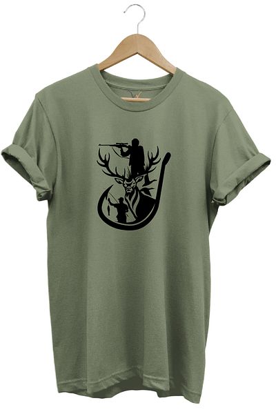 WİDİ Κυνήγι ελάφια Fish Engagement Printed Hunting Nature Θέμα Regular Fit 100% βαμβακερό μπλουζάκι χακί