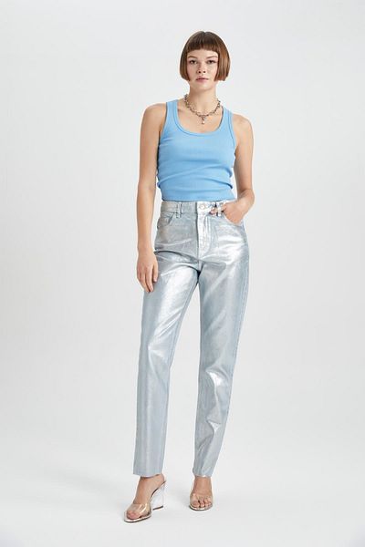 DeFacto Straight Fit Regular Fit Regular Waist Tube Leg Ankle Length Metallic Jean Pants B2916ax23wn