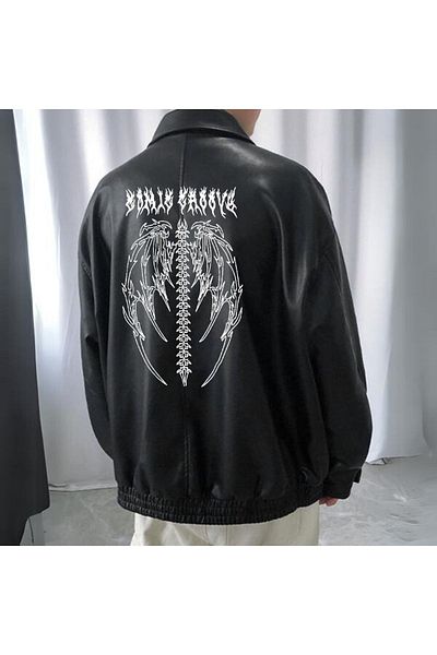Toum Черно голямо кожено яке с принт на скелет - Унисекс Streetwear