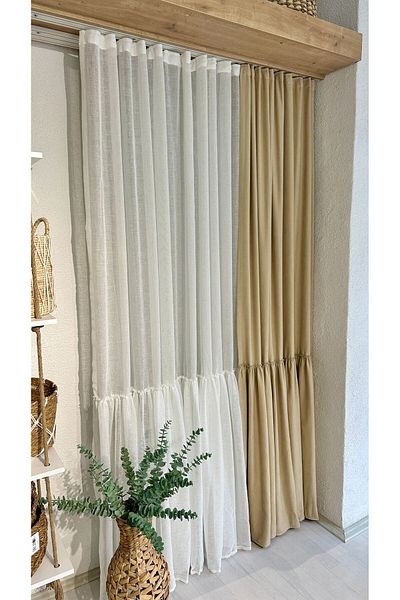 Decamor home Vintage μπεζ κουρτίνα φόντου - βολάν σχέδιο