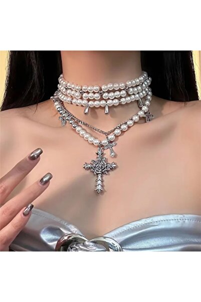 HOSBUTIK Silver tasarım çoklu inci kolye