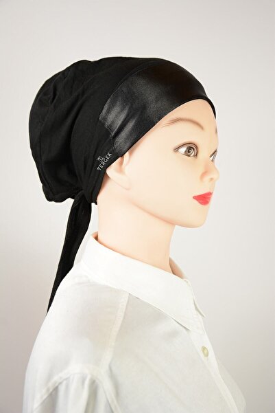 Tergek Saten Bağcıklı Şık Bone Siyah, Arkadan Bağcık Ile Ayarlı Tesettür Başörtü Eşarp Şal Türban Bonesi