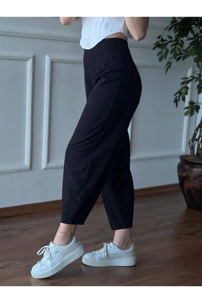 Generic Brand Women's Black Balloon Trousers Full Lycra Elastic Waist