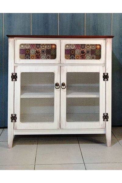 VİLLAÇAM AHŞAP 2 Drawers Wire Cabinet White Antique