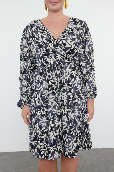 Trendyol Curve Black Ecru Floral Print A-Line Mini Knitted Dress Plus Size Dress Tbbaw23Ah00003