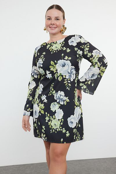 Trendyol Curve Black Boat Neck Floral Print Satin Dress