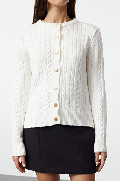 Trendyol Collection Ecru Mercerized Look Premium/Speciální příze Pletený detail Bunda Look Pletený svetr TWOAW25HI00229