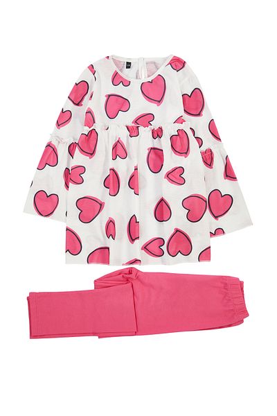 TRENDYOLKIDS Girl's Fuchsia Seasonal Suit - Thin Heart Pattern, Cotton, Tkdaw25Au00041