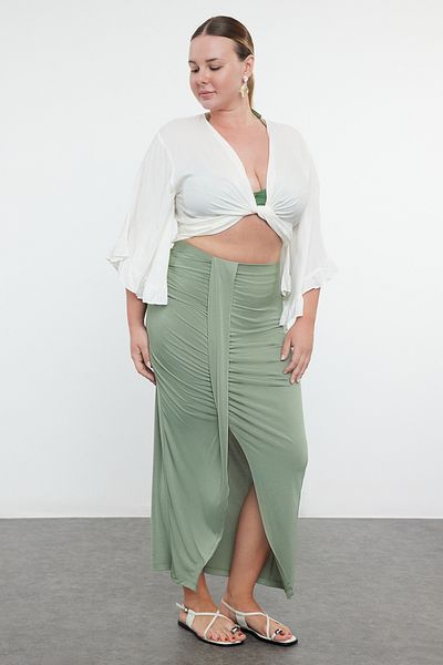 Trendyol Curve Χακί Maxi αμμώδης πλεκτή φούστα παραλίας - Λεπτομερής σχισμή TBBSS24AZ00065