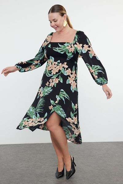Trendyol Curve Plus Size Black Floral Midi Dress - Long Sleeve TBBAW25AH00027