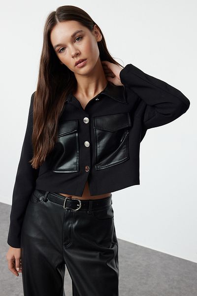 Trendyol Collection Black Shirt Collar Lined Leather Detail Short/Crop Jacket Twoaw25Ce00009