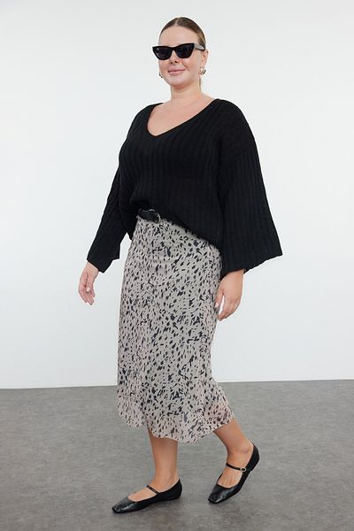 Trendyol Curve Béžová leopardí tisková velká tylová pletená sukně - Tbbaw25Az00006