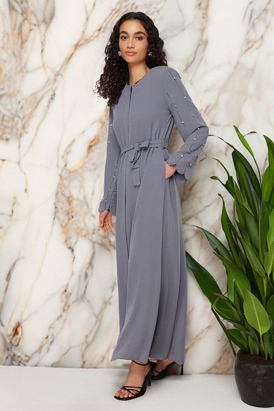 Trendyol Modest Gray Stone Accessory Woven Cap & Ferace & Abaya & Jalabiya Tctss24Kf00019